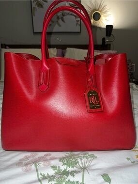 Ralph Lauren Red Leather Tote with RLL Hang Tag